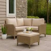 Ankia 21 Inch Outdoor Square Ottoman, Set of 2, Beige Fabric, Faux Wicker - BM302160