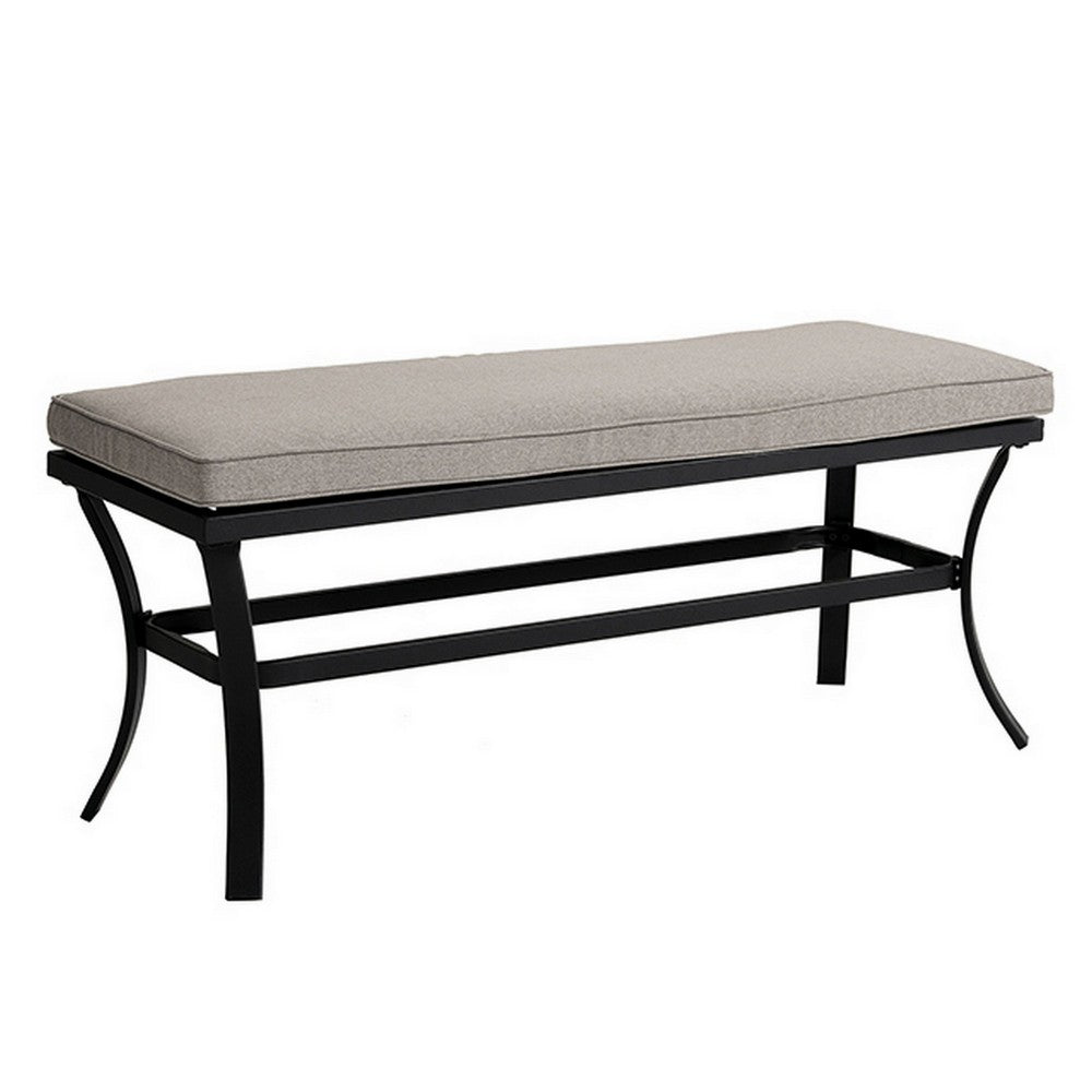 Poli 59 Inch Outdoor Bench, Gray Fabric, Black Steel Frame, Curved Legs - BM302164