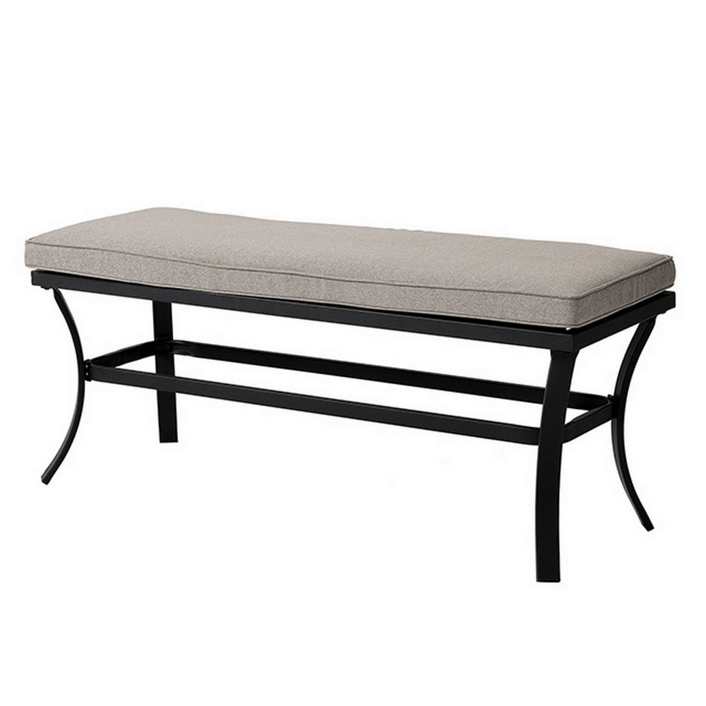 Poli 59 Inch Outdoor Bench, Gray Fabric, Black Steel Frame, Curved Legs - BM302164