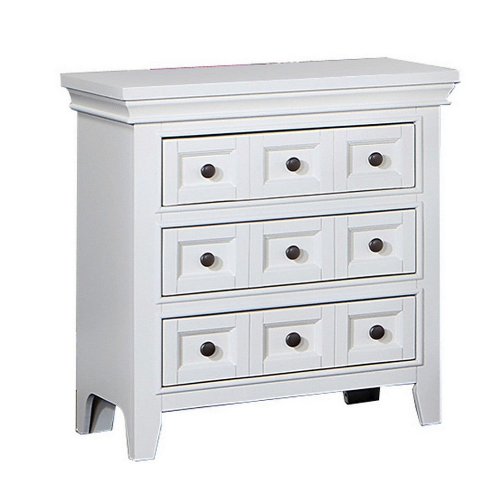 Cile 26 Inch Nightstand, 3 Panel Drawers, White Wood, Round Nickel Handles - BM302178
