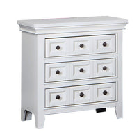 Cile 26 Inch Nightstand, 3 Panel Drawers, White Wood, Round Nickel Handles - BM302178