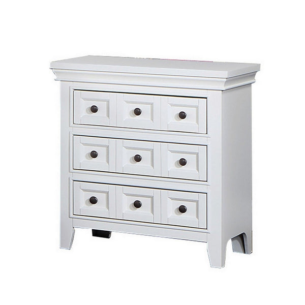Cile 26 Inch Nightstand, 3 Panel Drawers, White Wood, Round Nickel Handles - BM302178