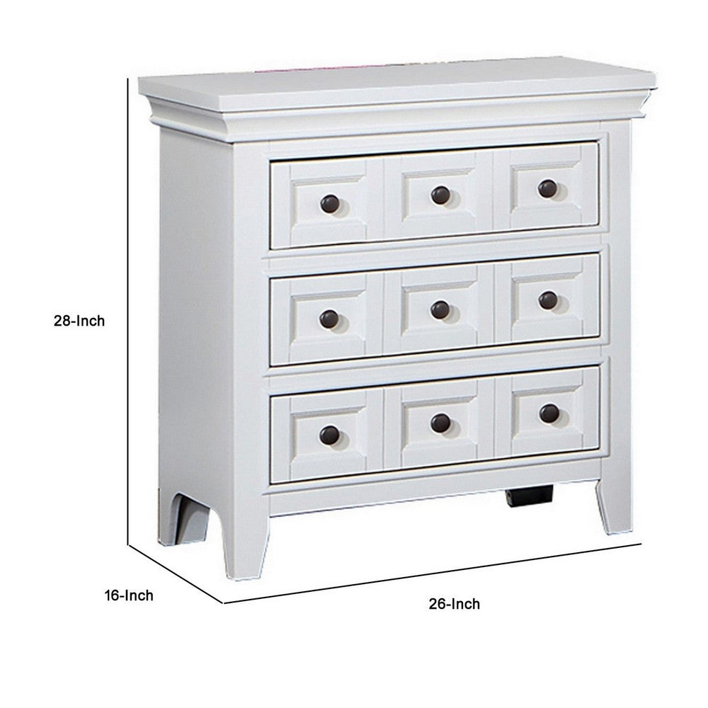 Cile 26 Inch Nightstand, 3 Panel Drawers, White Wood, Round Nickel Handles - BM302178