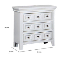 Cile 26 Inch Nightstand, 3 Panel Drawers, White Wood, Round Nickel Handles - BM302178