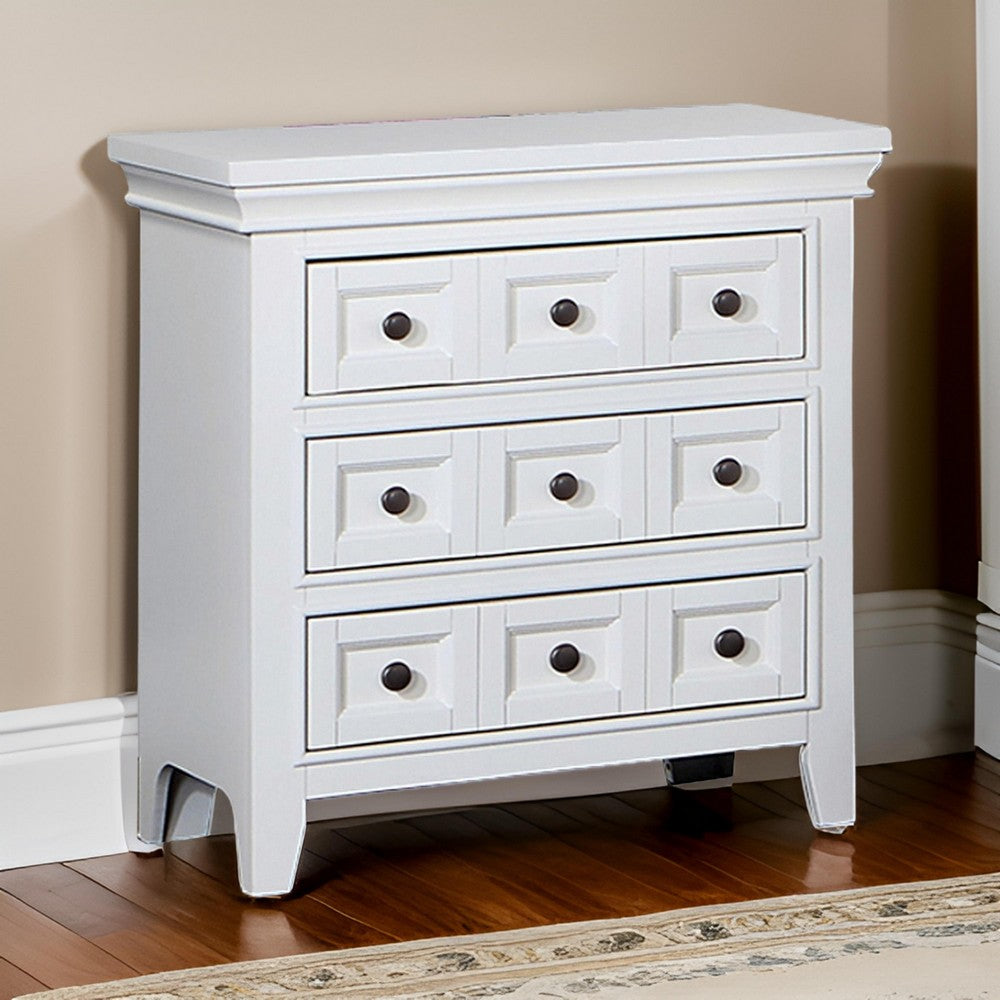 Cile 26 Inch Nightstand, 3 Panel Drawers, White Wood, Round Nickel Handles - BM302178