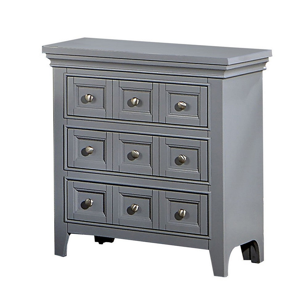 Cile 26 Inch Nightstand, 3 Panel Drawers, Gray Wood, Round Nickel Handles - BM302180