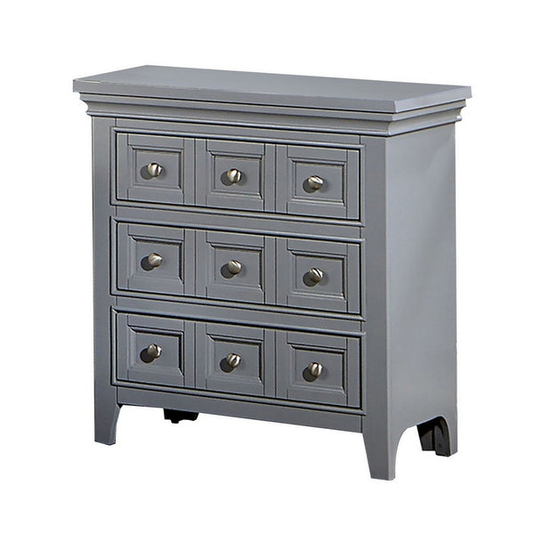 Cile 26 Inch Nightstand, 3 Panel Drawers, Gray Wood, Round Nickel Handles - BM302180