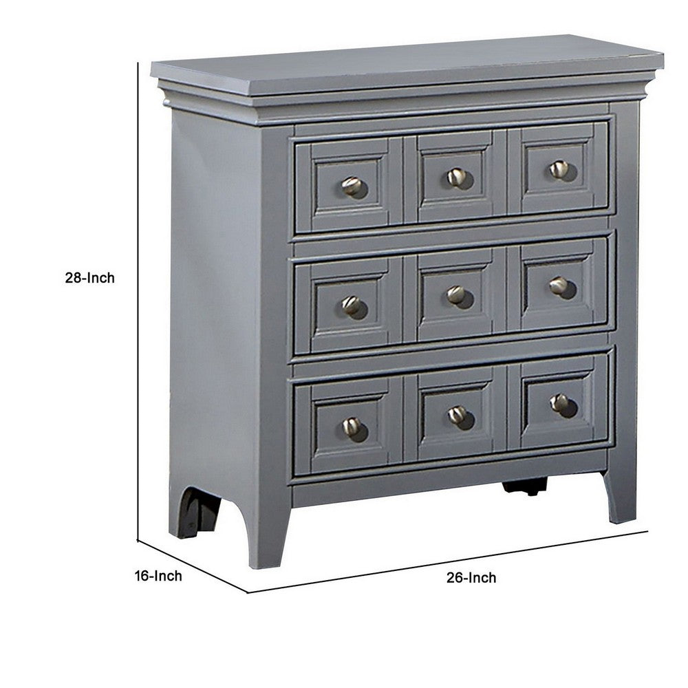 Cile 26 Inch Nightstand, 3 Panel Drawers, Gray Wood, Round Nickel Handles - BM302180
