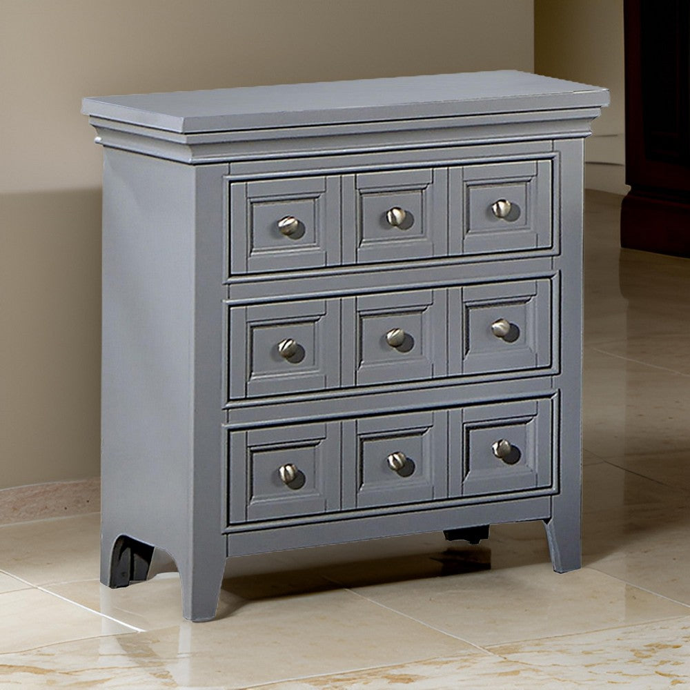 Cile 26 Inch Nightstand, 3 Panel Drawers, Gray Wood, Round Nickel Handles - BM302180