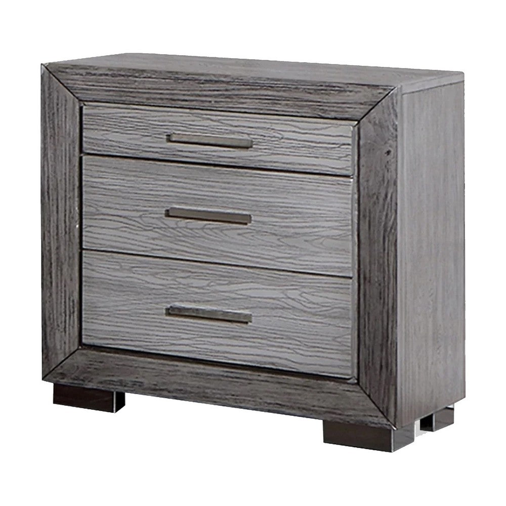 Reno 27 Inch Nightstand, Brushed Gray Wood, Chrome Bracket Legs, USB Ports - BM302183
