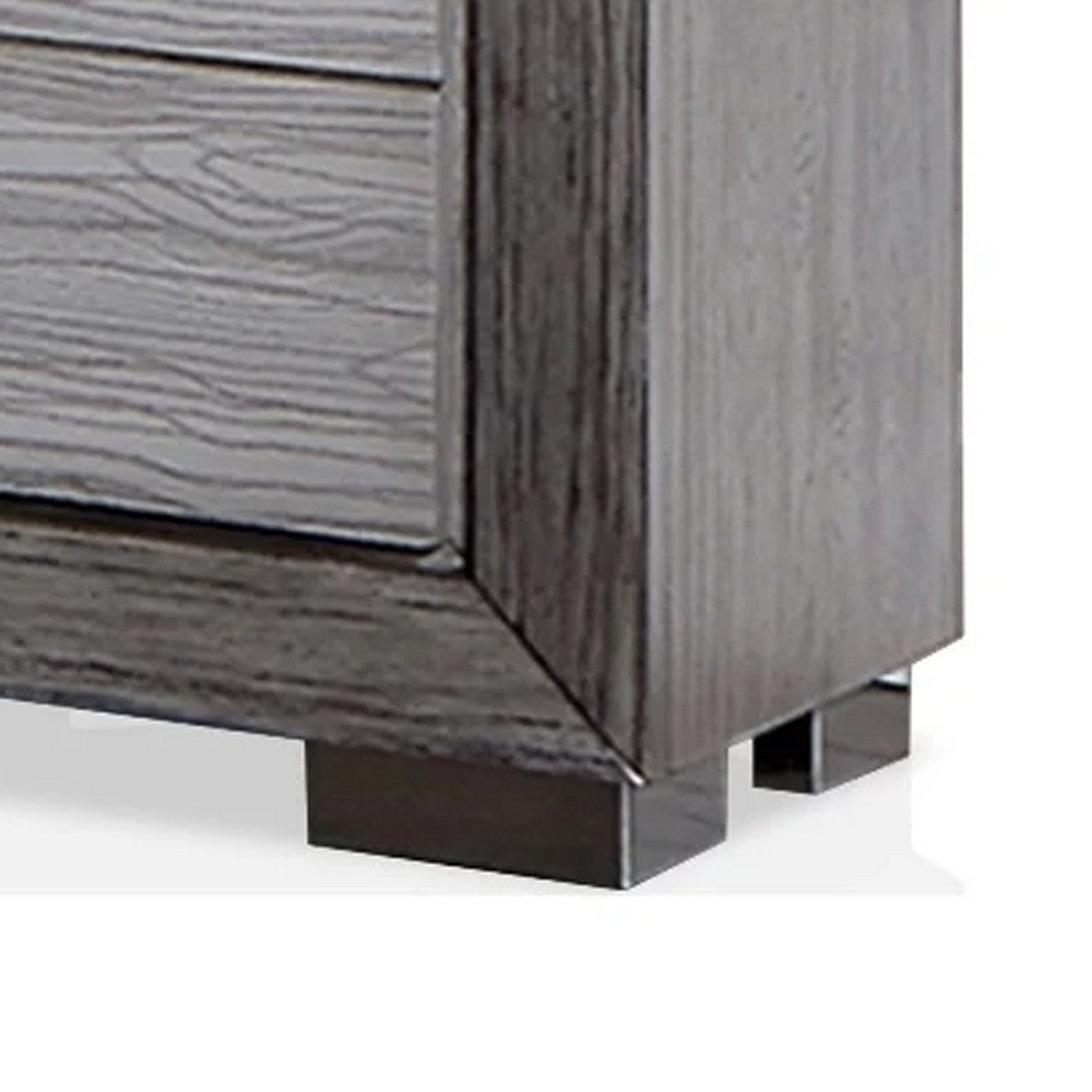 Reno 27 Inch Nightstand, Brushed Gray Wood, Chrome Bracket Legs, USB Ports - BM302183