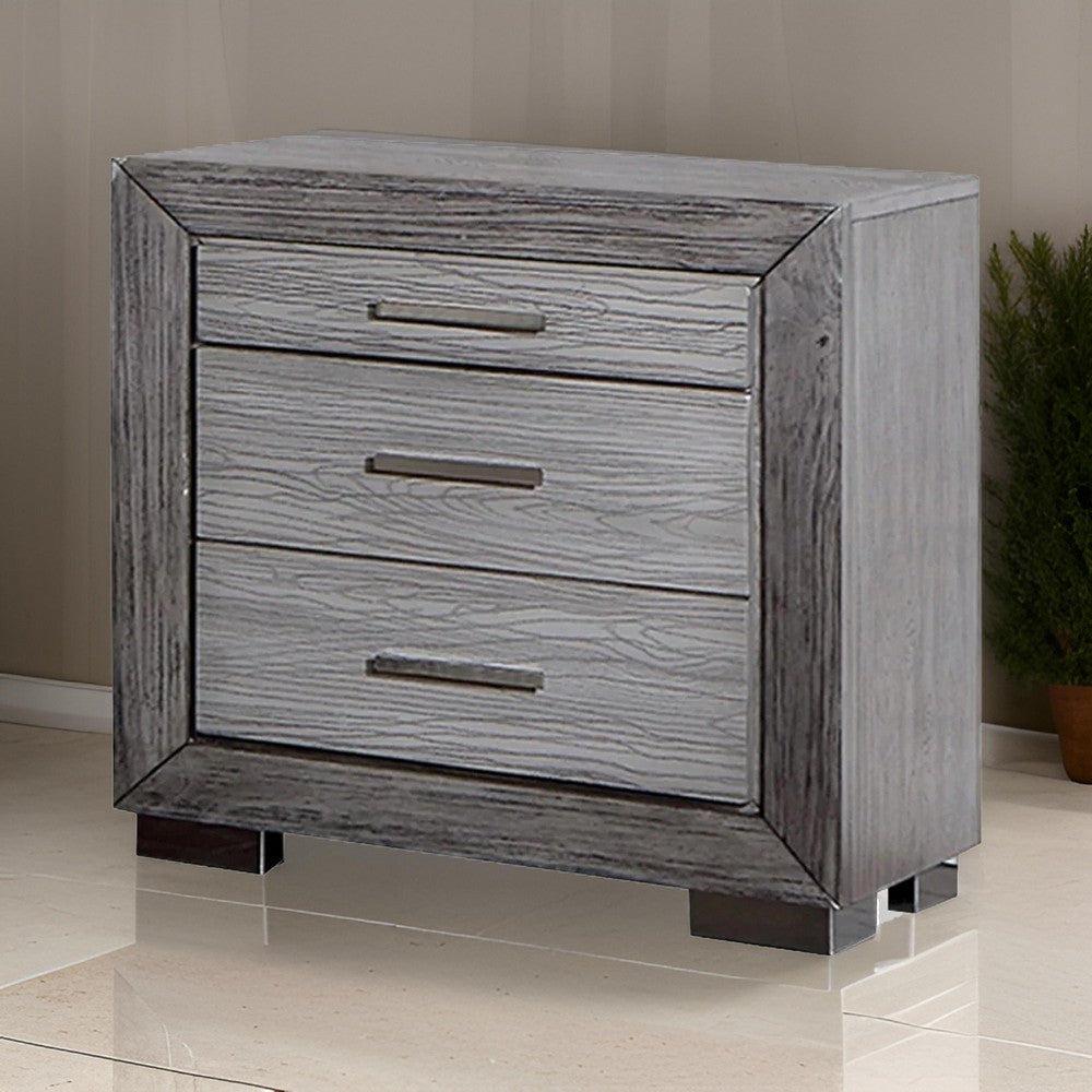 Reno 27 Inch Nightstand, Brushed Gray Wood, Chrome Bracket Legs, USB Ports - BM302183