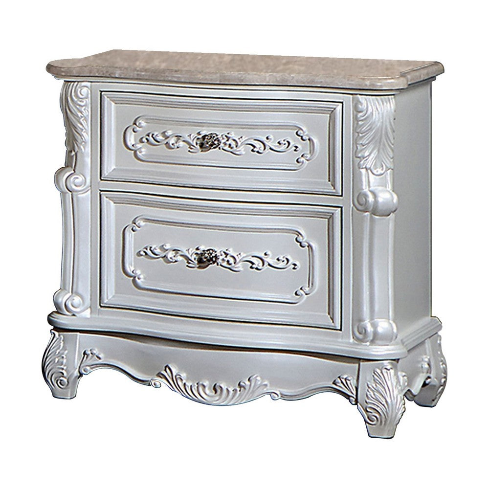 Nero 30 Inch Nightstand, 2 Drawers, Marble Surface, Carved Details, White - BM302188