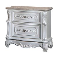 Nero 30 Inch Nightstand, 2 Drawers, Marble Surface, Carved Details, White - BM302188