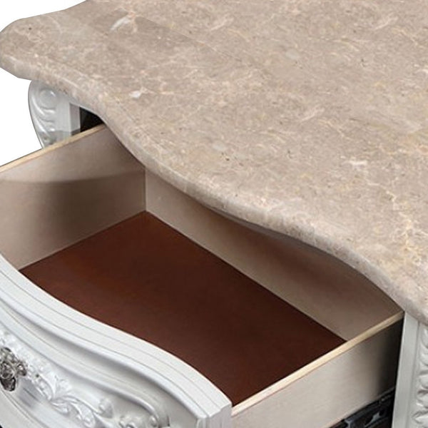 Nero 30 Inch Nightstand, 2 Drawers, Marble Surface, Carved Details, White - BM302188