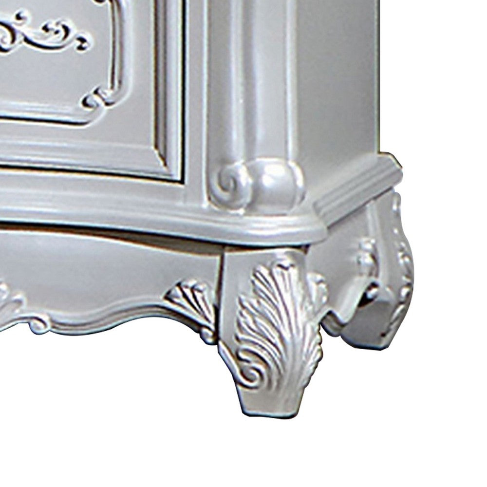 Nero 30 Inch Nightstand, 2 Drawers, Marble Surface, Carved Details, White - BM302188