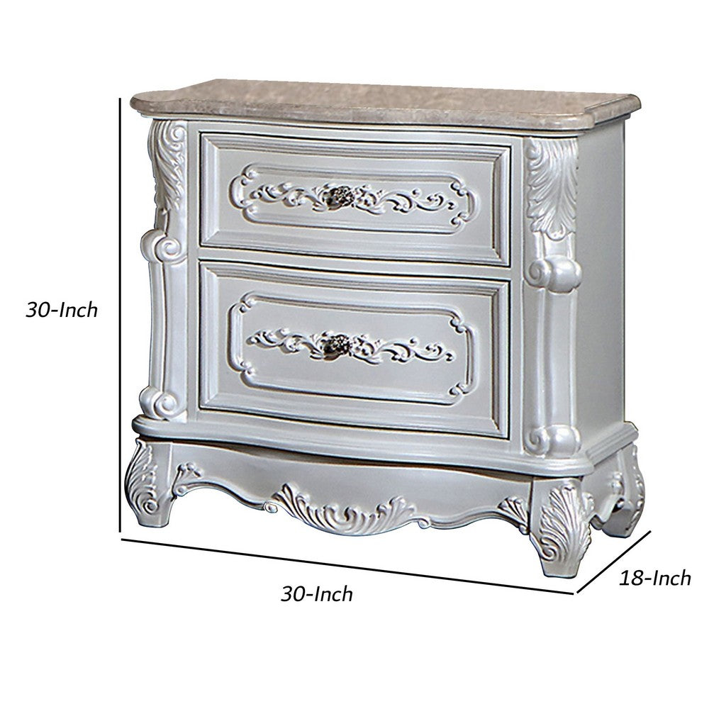 Nero 30 Inch Nightstand, 2 Drawers, Marble Surface, Carved Details, White - BM302188