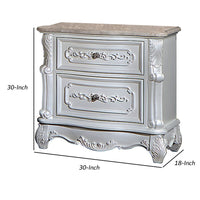 Nero 30 Inch Nightstand, 2 Drawers, Marble Surface, Carved Details, White - BM302188