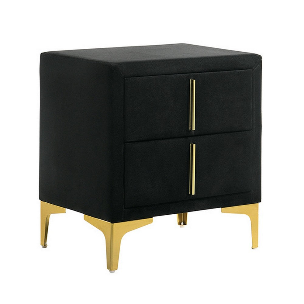 Bios 24 Inch Nightstand, 2 Drawers, Black Vegan Faux Leather, Gold Accents - BM302193