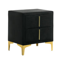 Bios 24 Inch Nightstand, 2 Drawers, Black Vegan Faux Leather, Gold Accents - BM302193