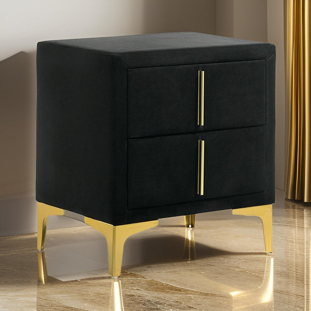 Bios 24 Inch Nightstand, 2 Drawers, Black Vegan Faux Leather, Gold Accents - BM302193