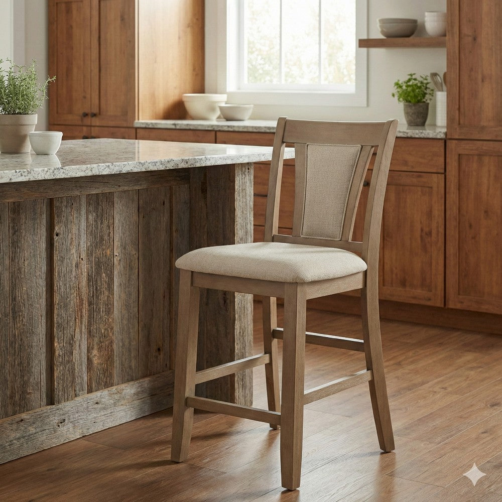 Mana 26 Inch Counter Height Chair, Set of 2, Beige Fabric, Brown Frame - BM302203