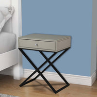 Zeno 27 Inch 1 Drawer Nightstand, Glass Top, Black Metal Cross Legs, Taupe - BM302303