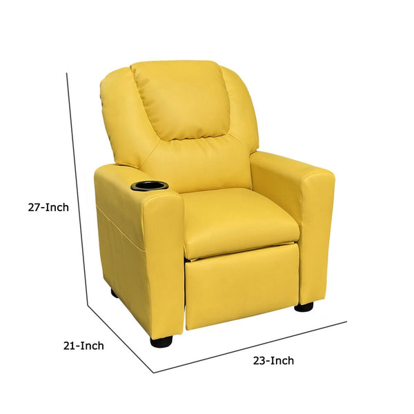 Kids Youth Recliner Chair with Cup Holder, Yellow Faux Leather Upholstery - BM302307