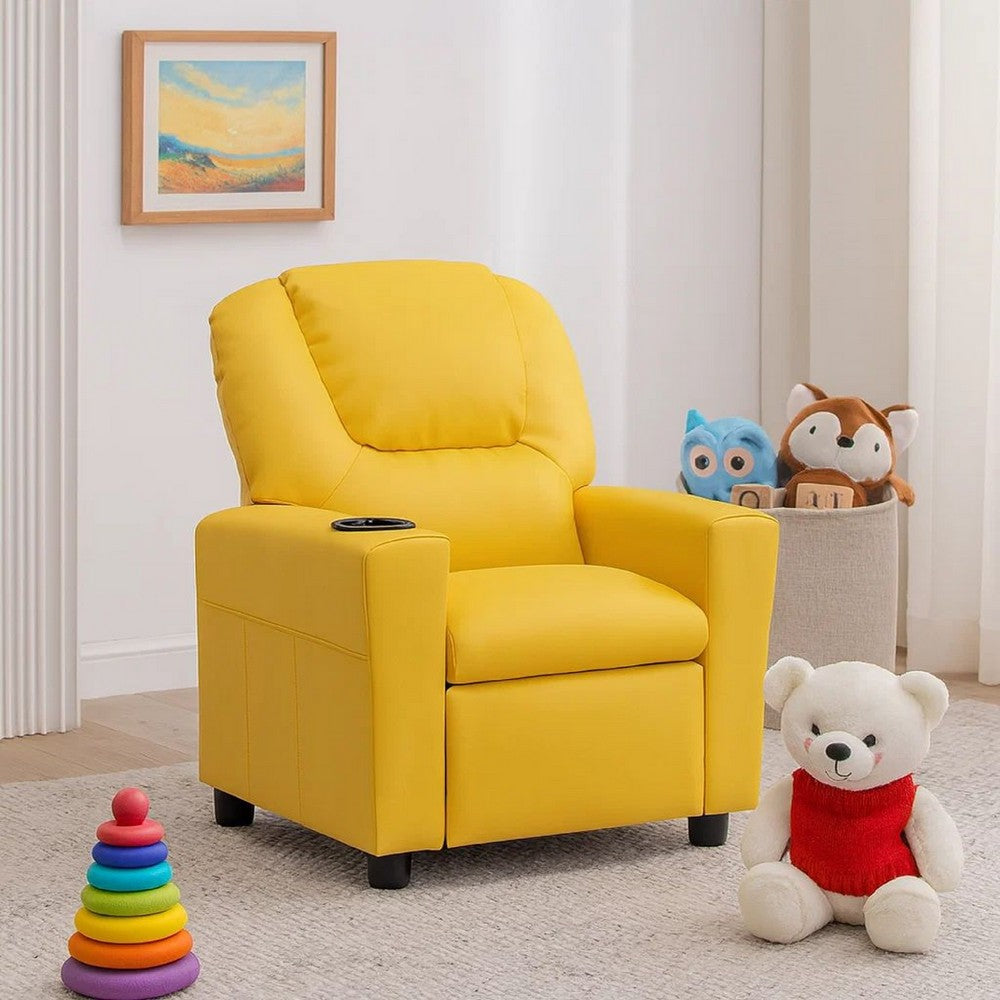 Kids Youth Recliner Chair with Cup Holder, Yellow Faux Leather Upholstery - BM302307