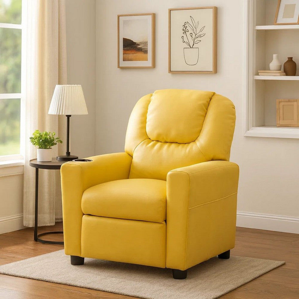Kids Youth Recliner Chair with Cup Holder, Yellow Faux Leather Upholstery - BM302307
