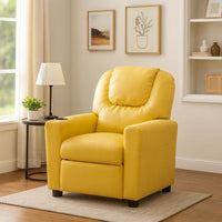 Kids Youth Recliner Chair with Cup Holder, Yellow Faux Leather Upholstery - BM302307