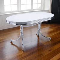 Loy 60 Inch Oval Dining Table, Glossy White Wood Top, Ribbed Chrome Apron - BM302427