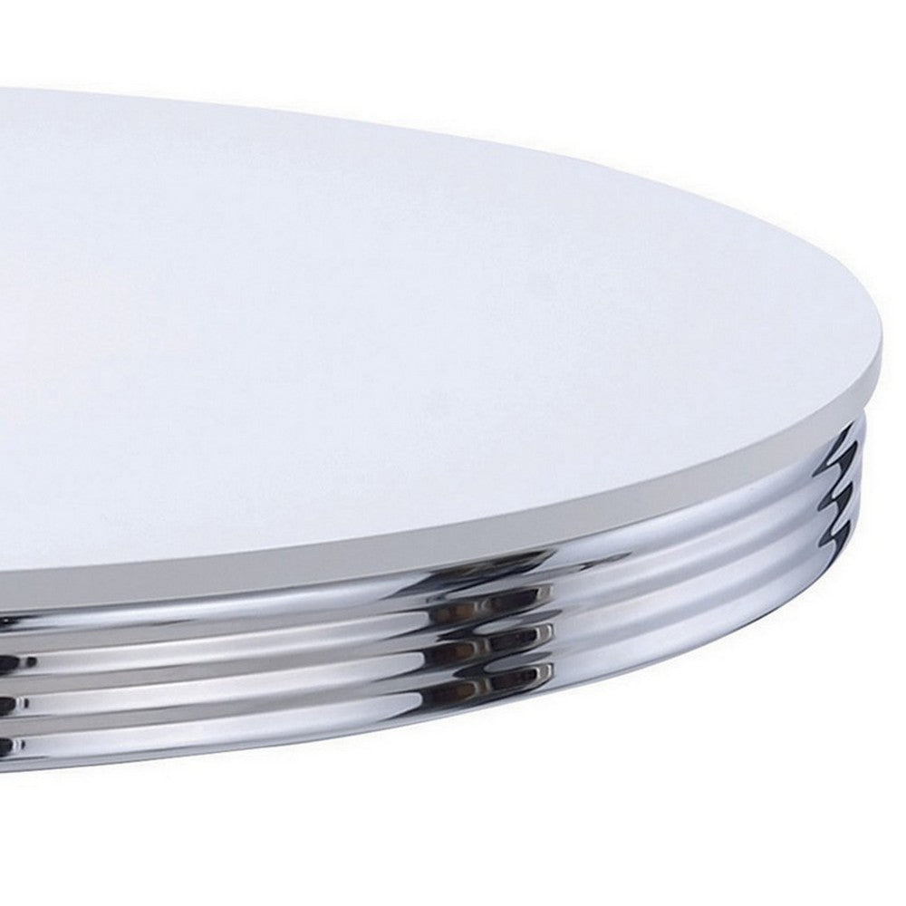 Loy 42 Inch Round Dining Table, Glossy White Wood Top, Ribbed Chrome Apron - BM302428