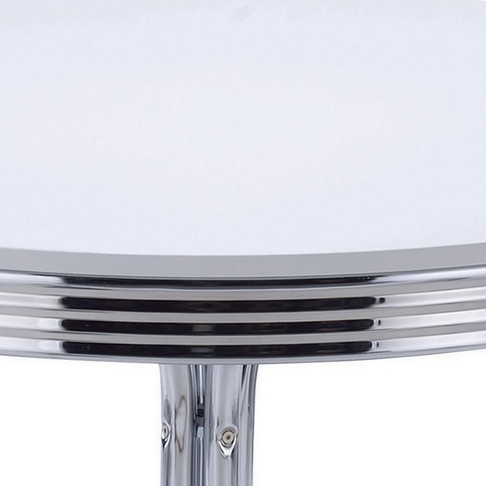 Loy 42 Inch Round Dining Table, Glossy White Wood Top, Ribbed Chrome Apron - BM302428