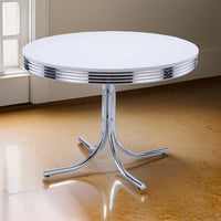 Loy 42 Inch Round Dining Table, Glossy White Wood Top, Ribbed Chrome Apron - BM302428