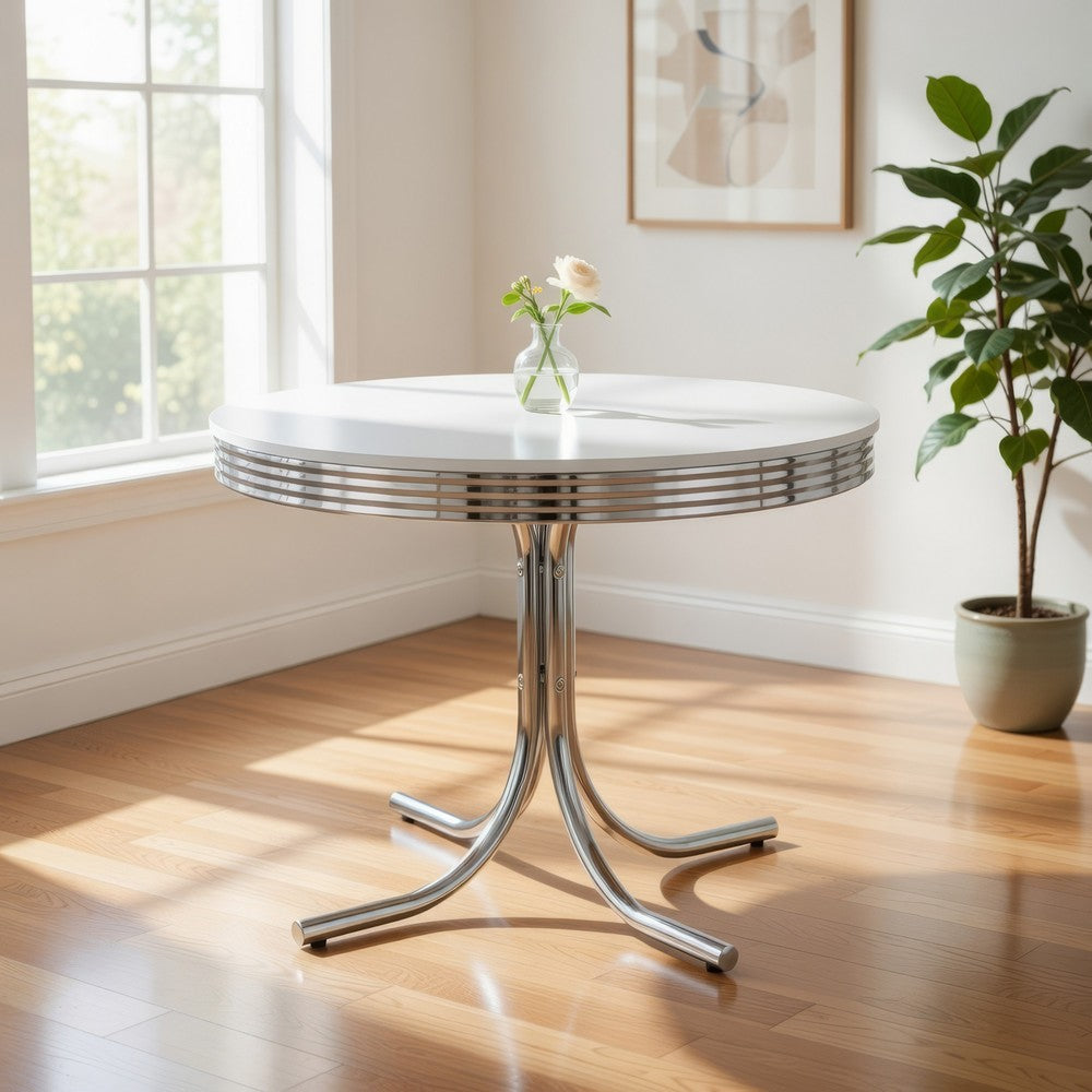 Loy 42 Inch Round Dining Table, Glossy White Wood Top, Ribbed Chrome Apron - BM302428