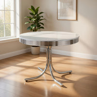 Loy 42 Inch Round Dining Table, Glossy White Wood Top, Ribbed Chrome Apron - BM302428