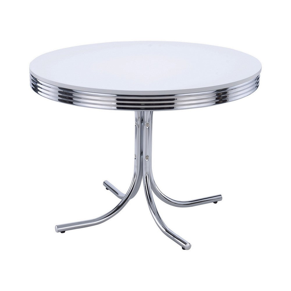 Loy 42 Inch Round Dining Table, Glossy White Wood Top, Ribbed Chrome Apron - BM302428