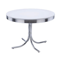 Loy 42 Inch Round Dining Table, Glossy White Wood Top, Ribbed Chrome Apron - BM302428