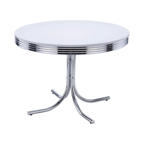 Loy 42 Inch Round Dining Table, Glossy White Wood Top, Ribbed Chrome Apron - BM302428