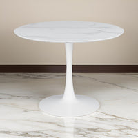 Loxi 40 Inch Round Dining Table, White Faux Marble Top, Tulip Accent Body - BM302429