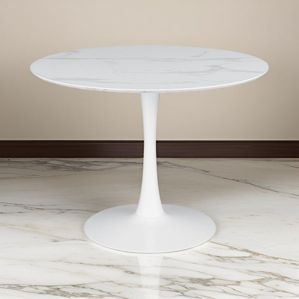 Loxi 40 Inch Round Dining Table, White Faux Marble Top, Tulip Accent Body - BM302429