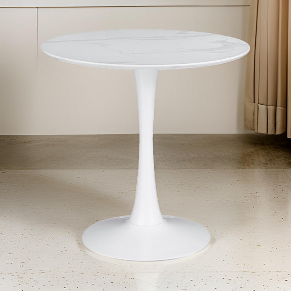 Loxi 30 Inch Round Dining Table, White Faux Marble Top, Tulip Accent Body - BM302430