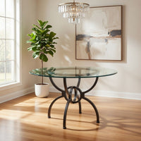 48 Inch Round Dining Table, Clear Glass Top, Interlocked Ring Motif Legs - BM302433