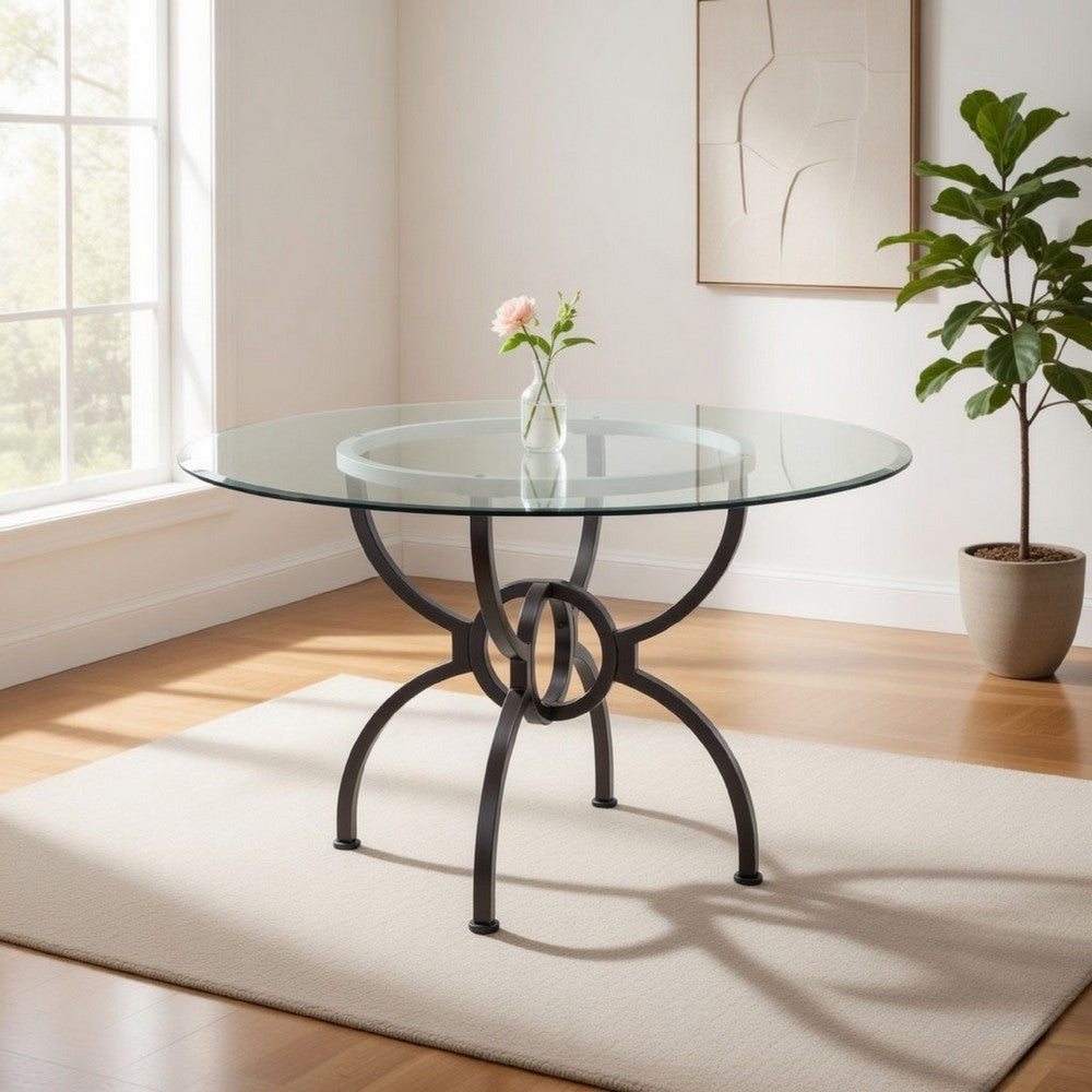 48 Inch Round Dining Table, Clear Glass Top, Interlocked Ring Motif Legs - BM302433