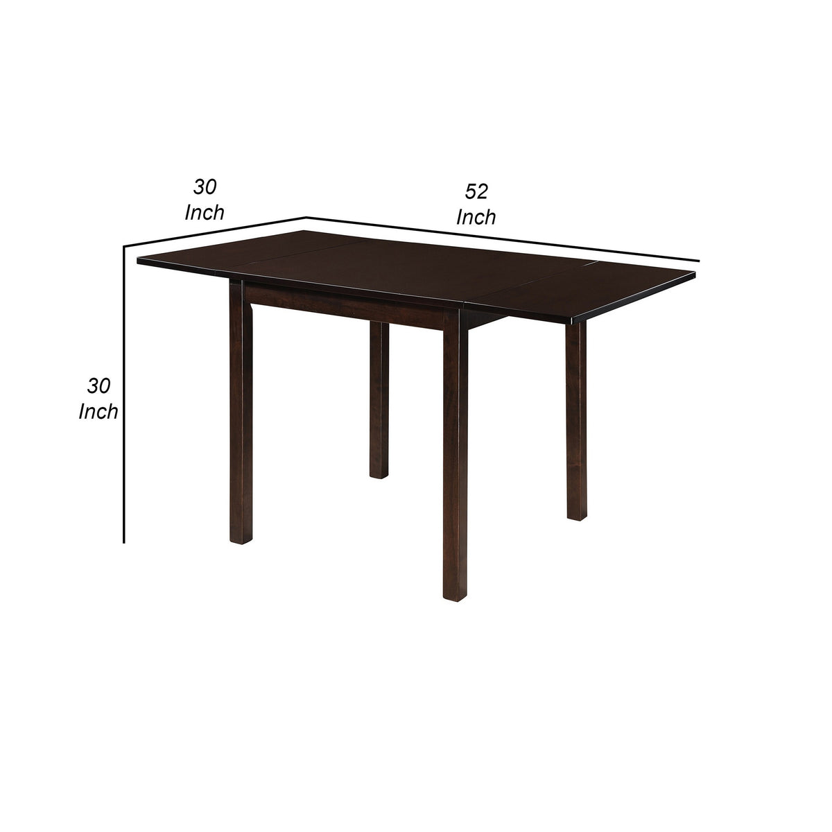 52 Inch Drop Leaf Dining Table, Block Legs, Dark Cappuccino Brown Wood  - BM302438