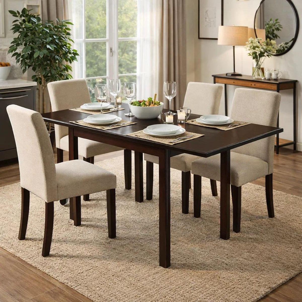 52 Inch Drop Leaf Dining Table, Block Legs, Dark Cappuccino Brown Wood  - BM302438