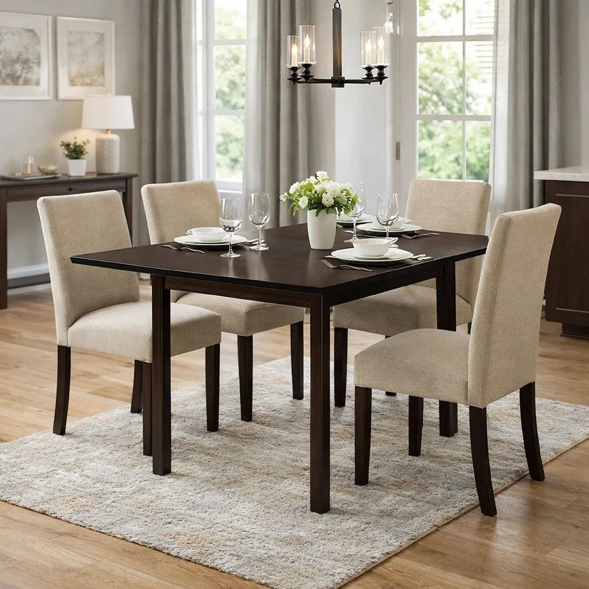 52 Inch Drop Leaf Dining Table, Block Legs, Dark Cappuccino Brown Wood  - BM302438