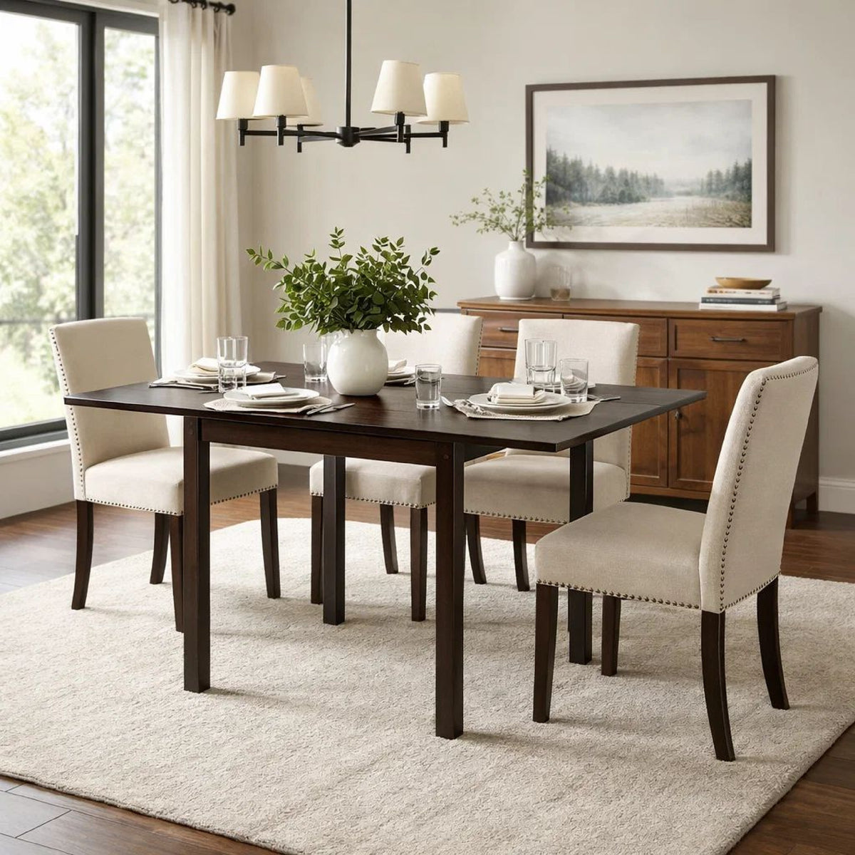 52 Inch Drop Leaf Dining Table, Block Legs, Dark Cappuccino Brown Wood  - BM302438