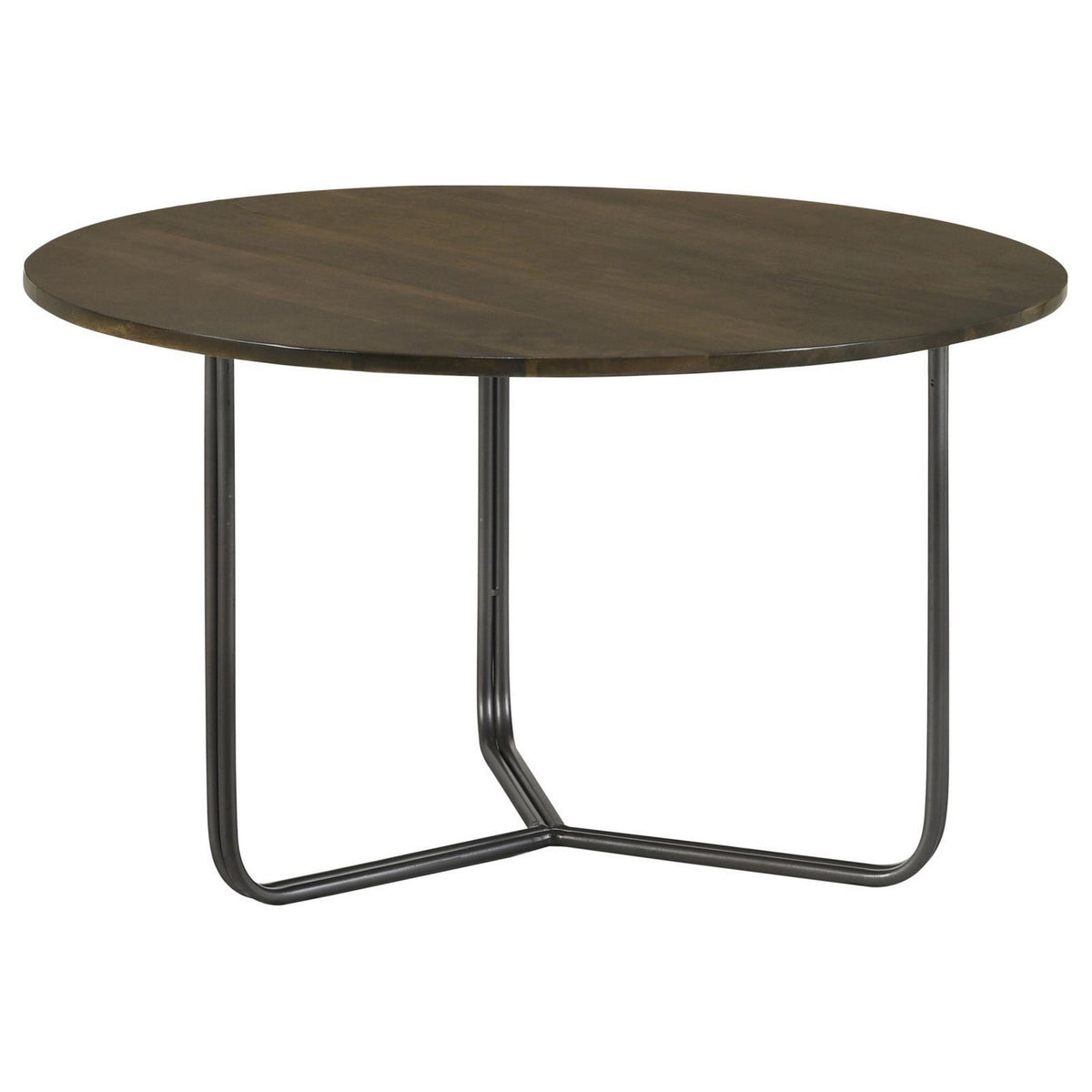 30 Inch Wood Round Accent Coffee Table with Triangular Base, Brown, Black  - BM302461
